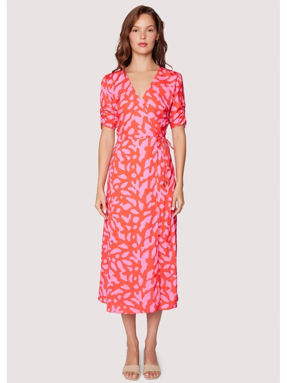 Lost + Wander Coral and Pink Wrap Midi Dress Size Large